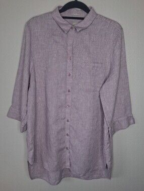 Chico’s Size 3 No-Iron Linen Shirttail High-Low Tunic Top Blouse Purple US 16/18